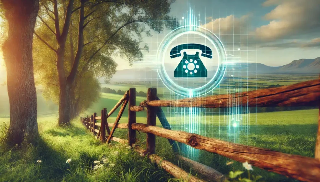 A landscape showing straight line fencing with an overlay of a phone to show voip issues